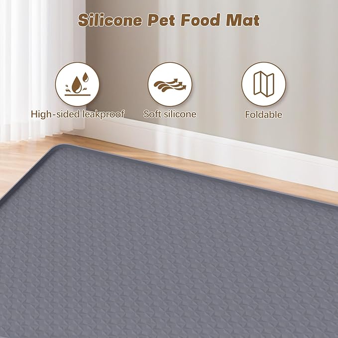 Bartuke Cat Food Mat, 51" x 25.6" Extra Large Silicone Pet Feeding Mat with Raised Edge Pet Placemat for Food and Water Bowl Non-Slip, Easy to Clean, Floor Protection (Dark Grey)