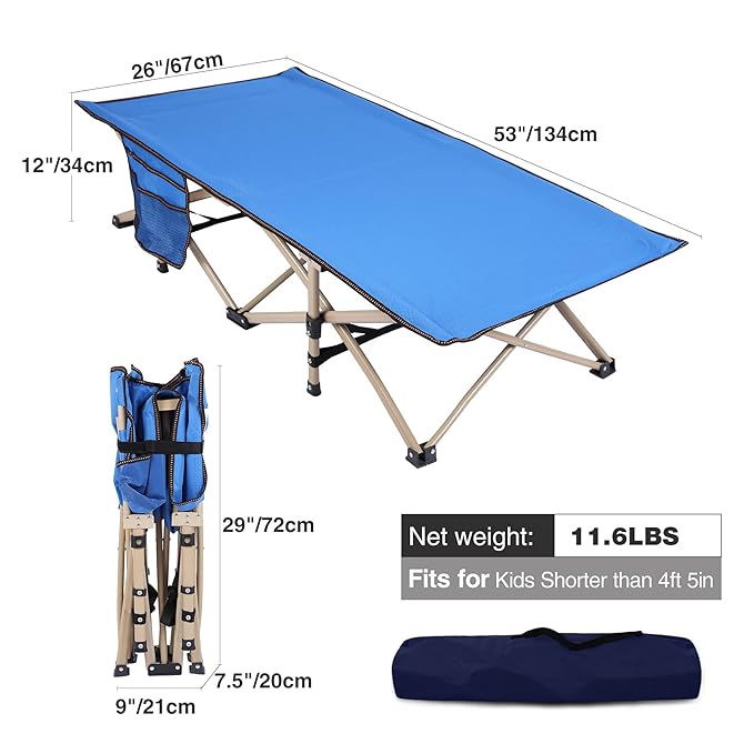 REDCAMP Extra Long Toddler cot with Sleeping Bag, Portable Kids Travel Bed for Sleeping, Blue 53''x26''