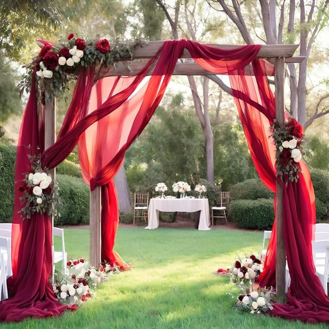 Barcelonetta | Chiffon Fabric | Decoration, Drapery Fabric | Wedding, Gender Reveal, Baby Shower, Birthday | for Arbor, Arch, Canopy, Table and Chair Decoration (Red, 5 Yards)