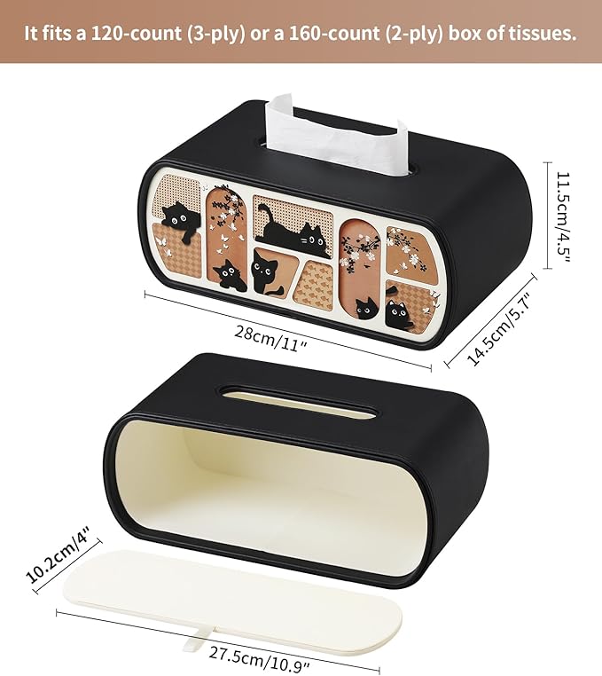 MEIBOOCH Cat-Themed Tissue Box Cover Rectangle, Stylish Tissue Holder for up to 4 Inches High Boxes, Curved Edge Tissue Box Holder (Black)