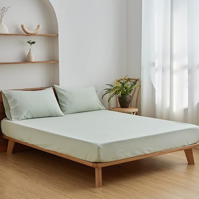 Simple&Opulence Belgian Linen Sheet Set Solid Color - 4 Pieces (1 Flat Sheet, 1 Fitted Sheet & 2 Pillowcases) Natural Flax Cotton Blend Soft Breathable Farmhouse Bedding - Queen Size, Mint Green
