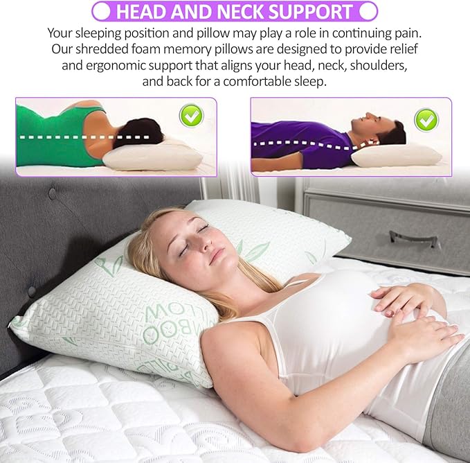 Elif Queen Size Pillows for Sleeping Set of 2 – Cooling Shredded Memory Foam Pillows with Removable Cover for Back, Stomach & Side Sleepers, Rayon Derived from Bamboo, Queen (2 Pack)
