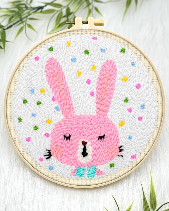 ERKOON Punch Needle Kit Adults Beginners, DIY Easy Animals Embroidery Set for Starter Art Craft, Needling Punch Project with Patterns, Tools, Yarns, Hoop, Instruction (Rabbit)