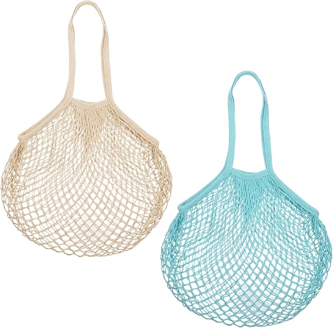 Xelsluthe 2 PCS Cotton Mesh Grocery Bags, Reusable Mesh Produce Net Bags, Long Handle String Shopping Tote Bag for Fruit Veggie Food Storage