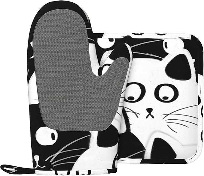 Funny Cat Oven Mitts and Pot Holders Sets, Home Silicone Heat Resistant BBQ Gloves for Kitchen Baking Cooking Grilling Microwave
