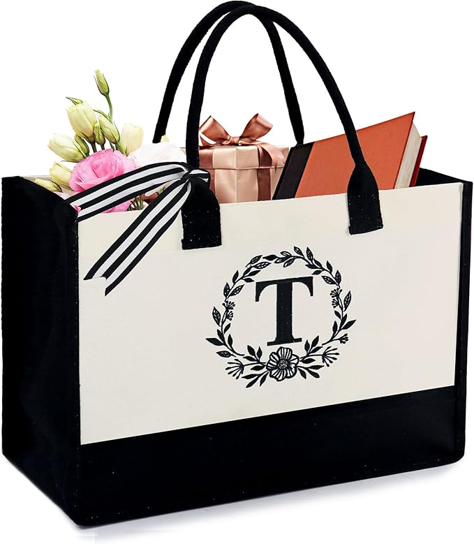 BeeGreen Embroidery Monogram Initial Tote Bag for Women Teacher Mom Friend Personalized Gift for Birthday Beach Wedding Work