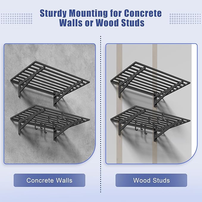 Jusgym 2-Pack 2x3ft Garage Shelving Wall Mounted, 2' x 3' Heavy Duty Garage Storage Shelves with Hooks, 400LB Capacity