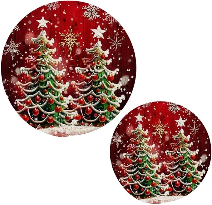 Boccsty Two Merry Christmas Trees Trivet Mat 2PCS Winter Snowflake Red Round Woven Potholders Kitchen Table Countertop Protector Hot Pads Farmhouse