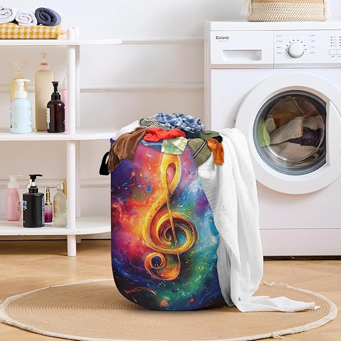 Watercolor Music Note Laundry Basket with Sturdy Handles, Collapsible Oxford Cloth Laundry Hamper Organizer Basket for Bathroom Bedroom 15.7x20 Inch