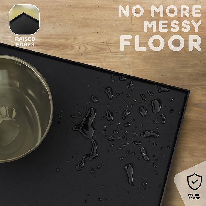 PetHappily Dog Food Mat - 24x15” Large Silicone Pet Food Mat, Raised Edges for Food and Water Prevent Spill, Waterproof Cat Food Mat Protect Floors,Easy Clean Dog Bowl Mats for Food and Water