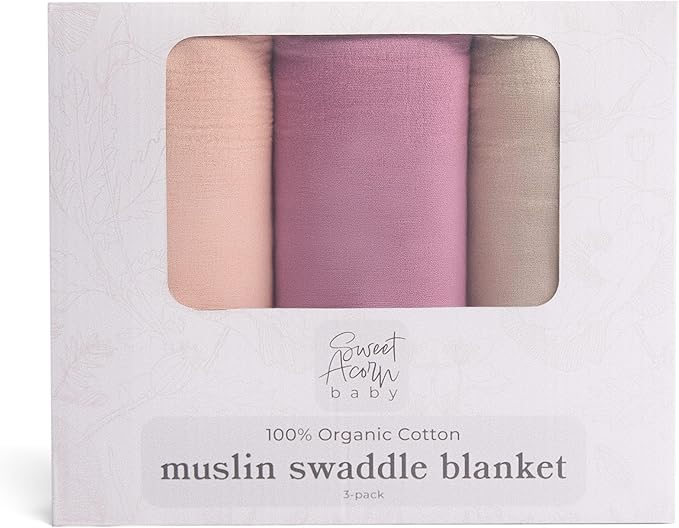 Sweet Acorn Muslin Swaddle Blanket – Soft Cotton Muslin Baby Blanket for Newborns, Infants, and Toddlers, All-Season Comfort Baby Essential - Pink, Purple, Grey