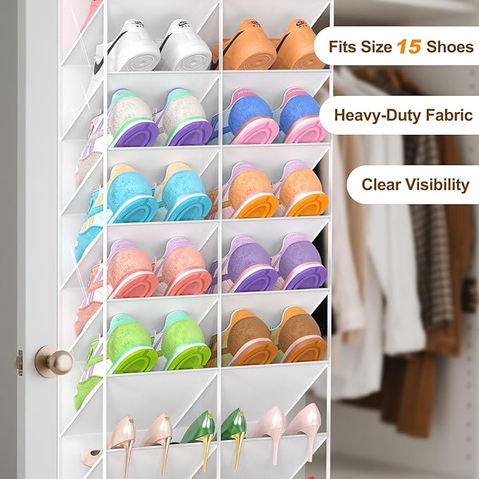 UVIAHOMI 30 Pairs Over the Door Shoe Organizer, Clear Pockets Hanging Shoe Storage for Closet, 10-Tier Door Shoes Rack Storage, Handing Shoes Holder Fit All the Family's Sneakers, Boots, Heels, White