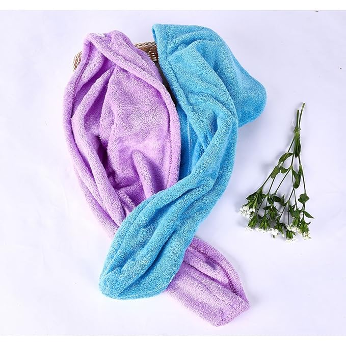 YYXR Microfiber Hair Turban Towel Wrap - Super Absorbent Drastically Reduce Hair Drying Time(2 Pack Puple & Blue)