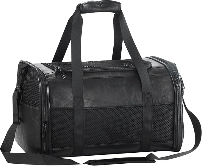 Monanller Fashion Leather Dog Carrier, Airline Approved Cat Carrier Soft Sided Pet Bag Carrier Purse for Puppy Kitten Small Animals Black