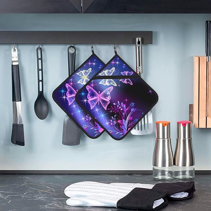 2-Pack Dreamy Butterflies Potholders Kit Trivets Black Kitchen Pot Holders Set Heat Resistant Quilted Large Coasters Hot Pads for Everyday Cooking Baking, 8 x 8 Inch (Colorful)