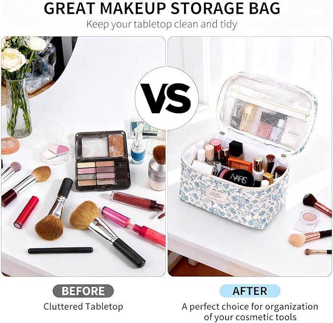 PGAXM 3PCS Makeup Bag,Quilted Cosmetic Bag,Large Floral Makeup Bag for Women,Cute Cotton Cosmetic Bag Set,Travel Toiletry Bag For Women(White blue)