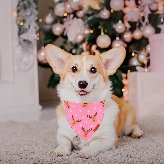 PTDECOR Christmas Dog Bandana,Xmas Pink Scarf Santa Deer Reversible Holiday Dog Scarf, Female Christmas Bandanas for Medium Large Dogs Pets (Large)