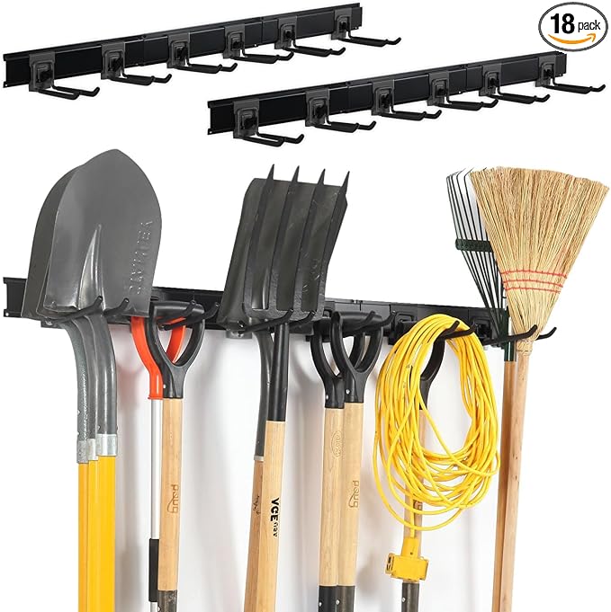 Aking Ace Garage Organization Wall Mount,96inch Garden Tool Organizer with 6 Clamping Hooks, Heavy Duty, Garage Hanging Storage Rack for Yard Tools, Shovel, Shed, Hold Up to 420lbs (96Inch Black)