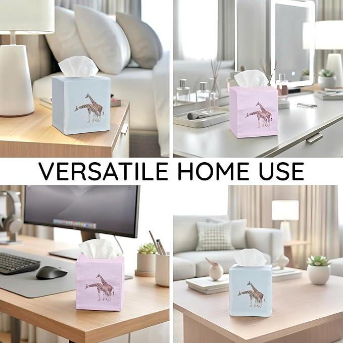 EmbroideryLinen.VN Tissue Box Cover Set of 2, Square Linen Tissue Holder, Printed Animal Pattern, 4.5x4.5x5.5 Inches, Decorative Holder for Bathroom, Living Room, Office (Giraffe)