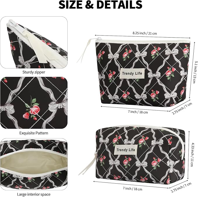 HAOGUAGUA 2 Pieces Makeup Bag, Small Large Quilted Cosmetic Bag, Travel Floral Make Up Toiletry Organizer Bag for Women Girls (2PCS STYLE A-5)
