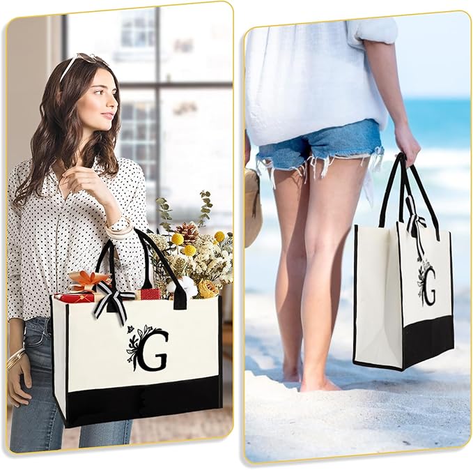 Personalized Gifts for Women - Initial Canvas Tote Bag & Makeup Bag, Custom Bags for Beach, Christmas, Wedding, Birthday, Holiday, Monogram Birthday Gifts for Women, Mom, Wife, Teacher, Friend - G