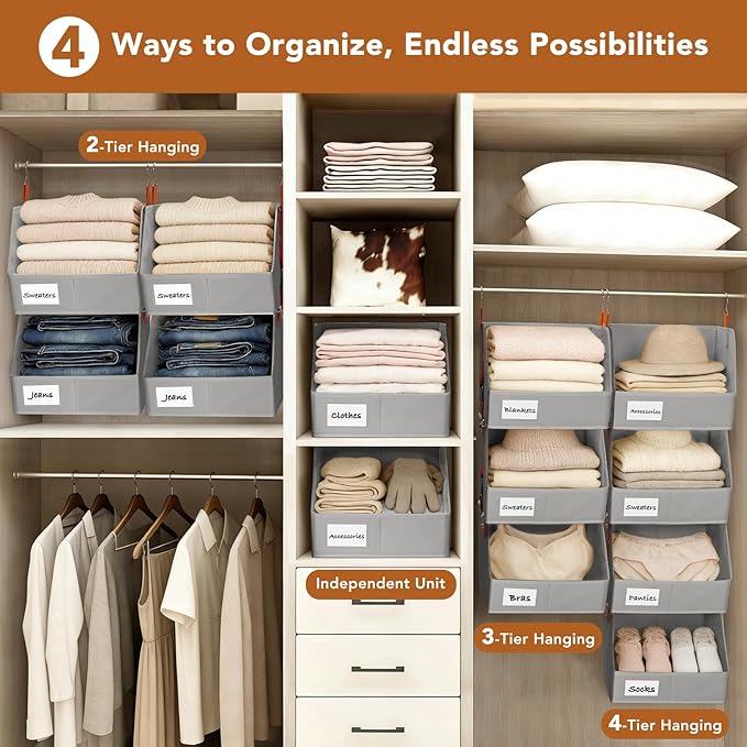 Baesyhom 4 Pcs Modular Closet Organizer - Detachable & Foldable Hanging Storage Cubes, 88L Total Capacity, Heavy Duty Fabric Shelves for Wardrobe, Closet Organization, RV, Dorm, Grey