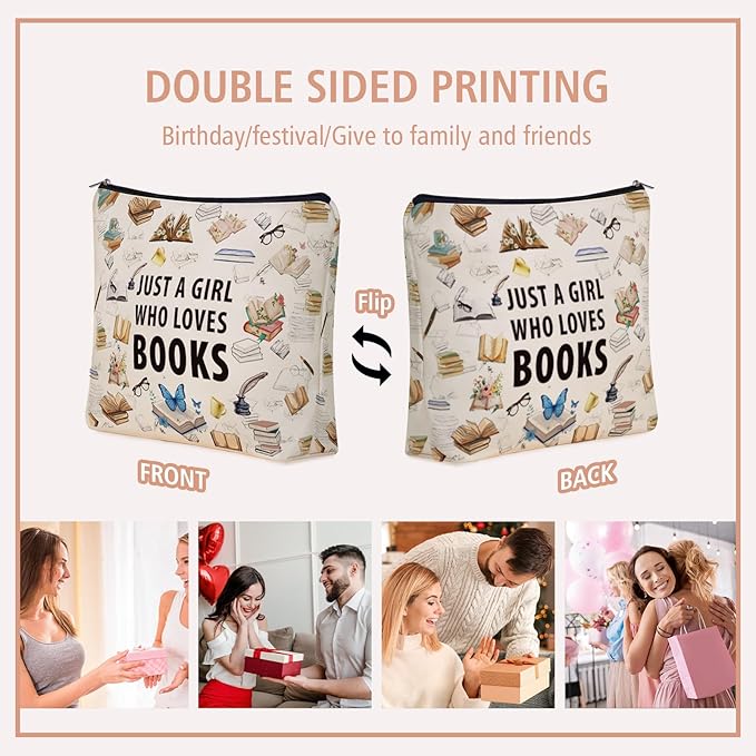 Girlly Book Lovers Gifts: Perfect Book themed Cosmetic Bag Just A Girl Who Loves Books For Daughters, Sisters, Friends,Teen Girls & Women.Ideal Bookish Gift For Travel, Birthdays, & Christmas.