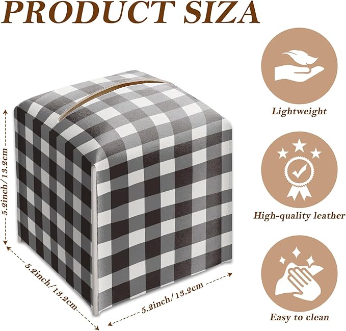 Black and White Buffalo Plaid Tissue Box Cover Square, Leather Tissue Holder with Bottom Belt, for Nightstands Desks Office Bathroom Car Vanity Home Decor Supplies -009