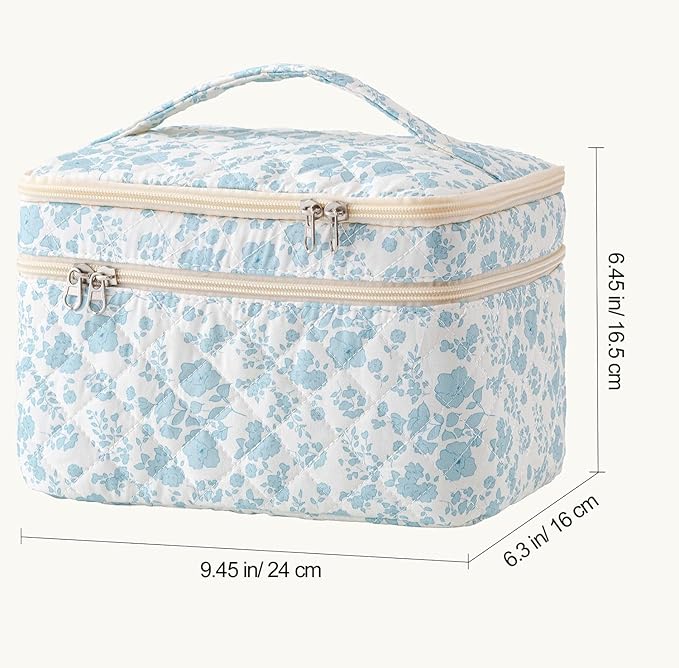 HBselect Christmas Gifts Large Quilted Makeup Bag, Cute Cotton Travel Makeup Bag with Handle, Portable Coquette Floral Make up Bags, Toiletry Organizer Make up Bags for Women Teen Girls Mom