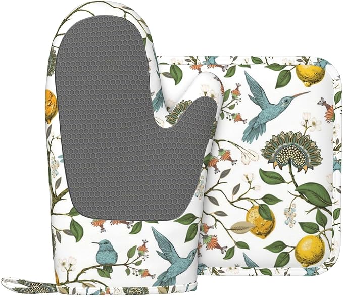 Hummingbird Lemon Flowers Oven Mitts and Pot Holders Sets, Home Silicone Heat Resistant BBQ Gloves for Kitchen Baking Cooking Grilling Microwave