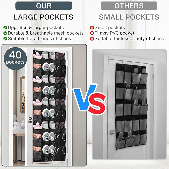 Hualleko Over the Door Shoe Organizer,40-Pocket Hanging Shoe Rack for Closet Door,Shoes Storage Holder Hanger with Large Mesh Pocket for Women Men Shoes,Flip Flops(Black)