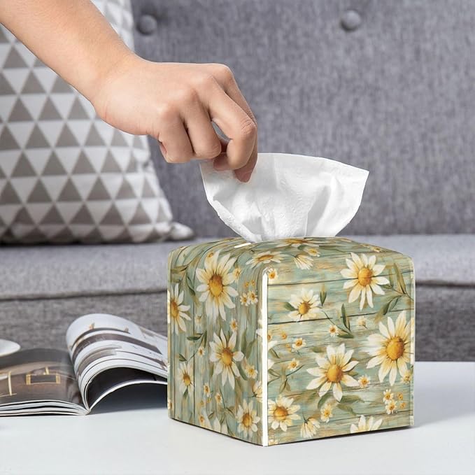 PVC Tissue Box Cover Holder,Daisy Square Decorative Organizer,5.2"X5.2"X5.2" Tissue Case for Bathroom, Tabletop, Car, Office