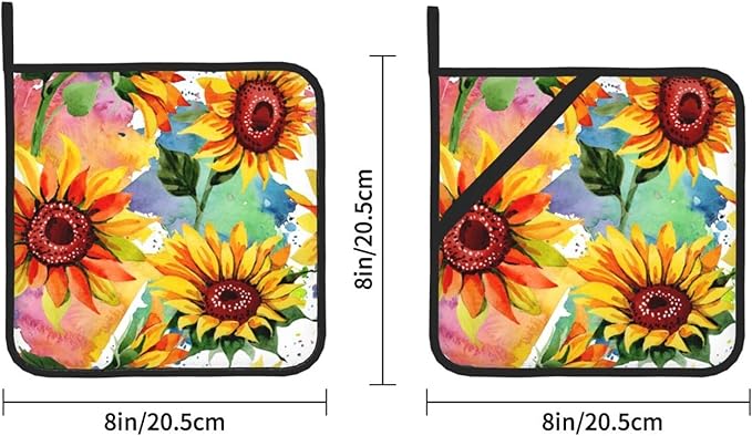 Colorful Sunflower Pot Holders Set of 2 Heat Resistant & Non Slip Potholders, Watercolor Art Style Fire Oven Hot Pads for Kitchen Cooking Baking Barbecue