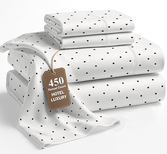 LANE LINEN California King Sheet Sets Deep Pocket – 450 Thread Count 100% Cotton Bedsheets, Soft Sateen Weave, 15” Fully Elasticized Fitted Sheet, Premium Sheet & Pillowcase Sets, Polka Dot Black