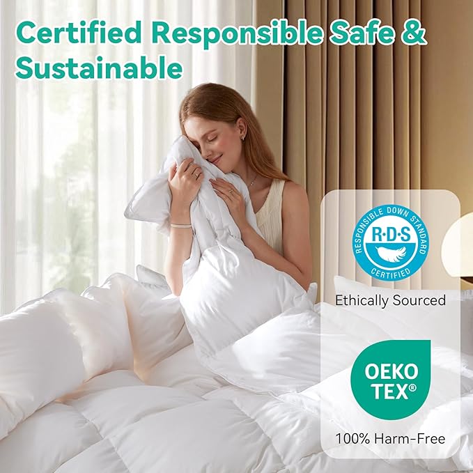 Three Geese Twin Size Goose Feather Down Fiber Comforter - Ultra Soft All-Season Down Duvet Insert Fluffy Baffle Box Design with 8 Corner Loops for Warmth and Softness.