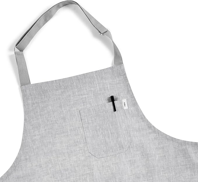 Solino Home Linen Bib Apron for Men & Women - 33 x 30 Inch Kitchen Apron with Front Pockets - Handcrafted from European Flax