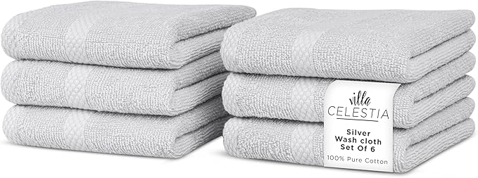 Villa Celestia 100% Cotton Wash Cloth for face & Body Set of 6, (12 x 12 inches) Sustainable, Soft, Highly Absorbent, Combed Cotton Wash Cloths Pack of 6 for Hotels, Spa, Bathroom, Dorm, Silver