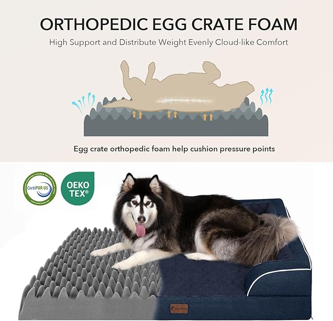 Casa Paw Orthopedic Dog Beds for Large Sized Dogs, Waterproof Memory Foam Large Pet Bed with Sides 35x22Inch, Non-Slip and Egg-Crate Foam Big Dog Couch Bed with Removable Washable Cover, Navy Blue
