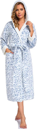 RONGTAI Womens Plush Fleece Hooded Bathrobe, Thick Nightgown Long Robe Sleepwear with Two Side Pockets and Belt