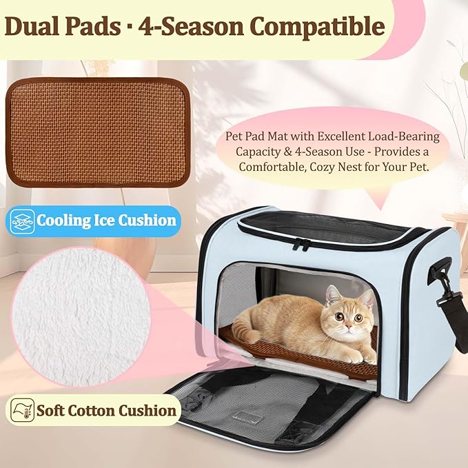 DSDCDJ Cat Carrier Dog Carrier - Soft-Sided Cat Carrier with Plush Pad & Cooling Mat, Easy-Load 4-Side Zipper & 3-Side Mesh Ventilation, Pet Carrier Airline Approved for Cats/Dogs Up to 20 lbs, Blue