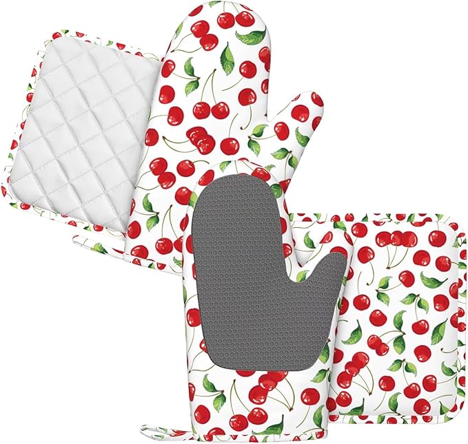 Cherry Fruit Pattern Oven Mitts and Pot Holders Sets Silicone Watercolor Cherries Kitchen Mitts Potholders Heat Resistant 4Pcs Oven Gloves Hot Pads for Kitchen Baking Cooking BBQ Grilling