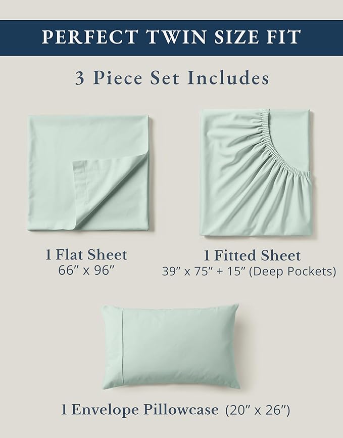 LANE LINEN 100% Organic Cotton Twin Bed Sheet Set, Soft & Comfy Low Pill Fade Resistant Machine Wash Reinforsed French Seam Sustainably Produced Eco Friendly Sábanas Twin- Cool Blue