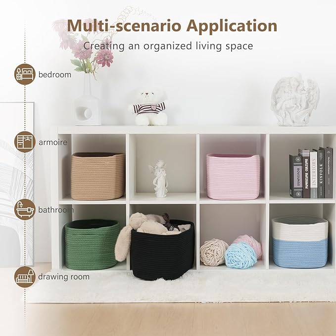 ECDYQXVU Cotton Rope Storage Basket, 15x10x9 Inches, Woven Basket for Shelves, Clothes, Towels, Books, and Laundry, White Blue (1 Pack)