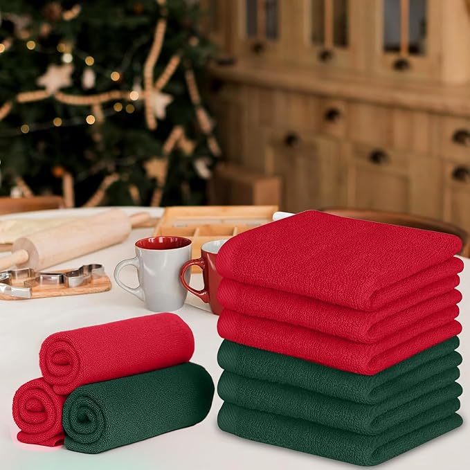 RIVERSIDE 24 Pack Christmas Washcloths Set - 100% Cotton [12x12 Inches] - Soft, Quick-Dry & Highly Absorbent Face Towels - Perfect for Bathroom, Gym, Hotel, Spa & Travel - Red Hunter Green