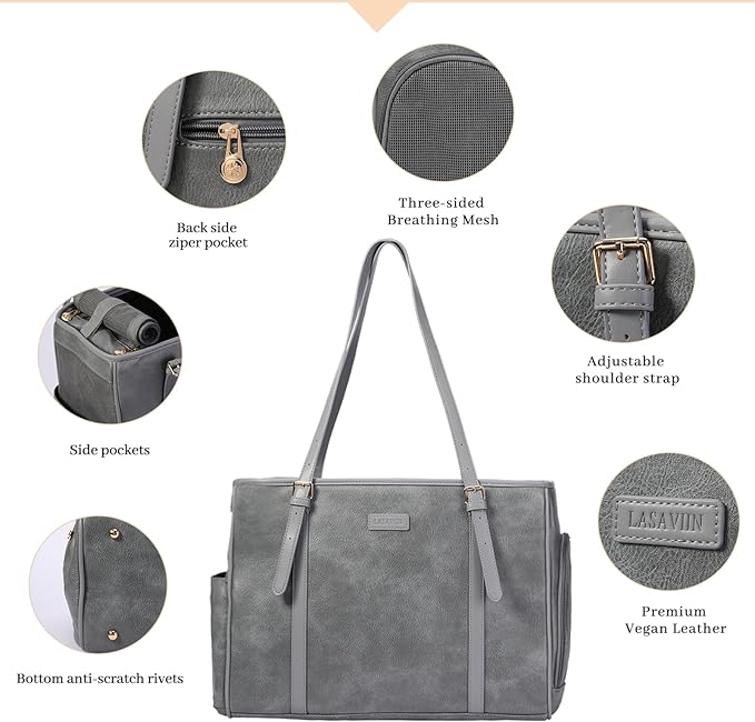 Lasaviin Fashion Dog Purse Pet Carrier Leather Bag for Small Dogs Cats Puppy, Portable Tote Bag Airline Approved Soft-Sided Carriers (Grey)