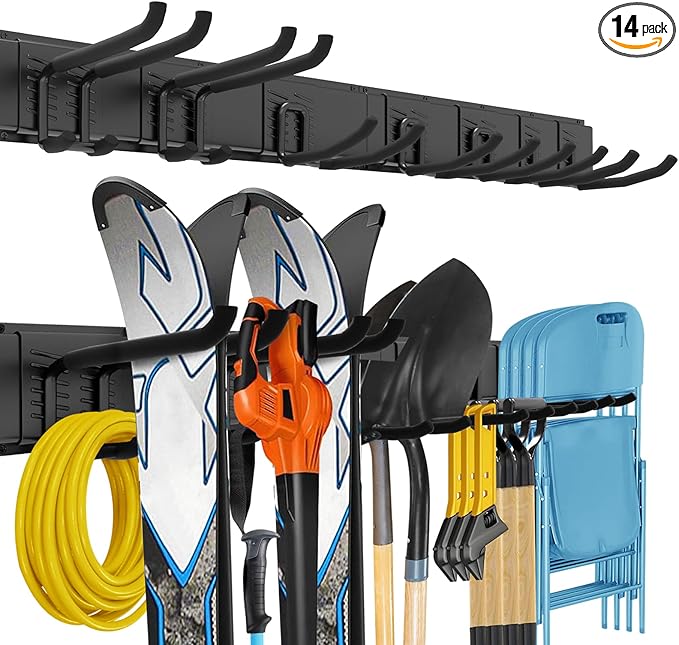 Suemoss Garage Tool Organizer Wall Mount, 64 Inches Garden Tool Organizer with Adjustable Hooks, Metal Garage Storage Rack Max Loading 620lbs, Tool Holder for Hanging Rake Broom Mop Snowboard