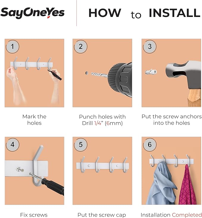 SAYONEYES White Coat Rack Wall Mount – 12 Inch Stainless Steel Hook Rail with 4 Heavy Duty Double Coat Hooks – Wall Mounted Coat Hanger for Entryway, Bathroom, Bedroom, Towel, Hat Organizer - 2 Pack