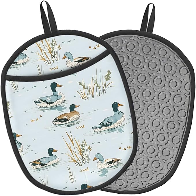 Pot Holders 2 Pack Silicone, Cotton Lining, Heat Resistant to 500°F (260°C), Non-Slip Grip, 7.5"x9.4" Oval Kitchen Hot Pads for Oven, Cooking (Ducks Swimming, Potholders)