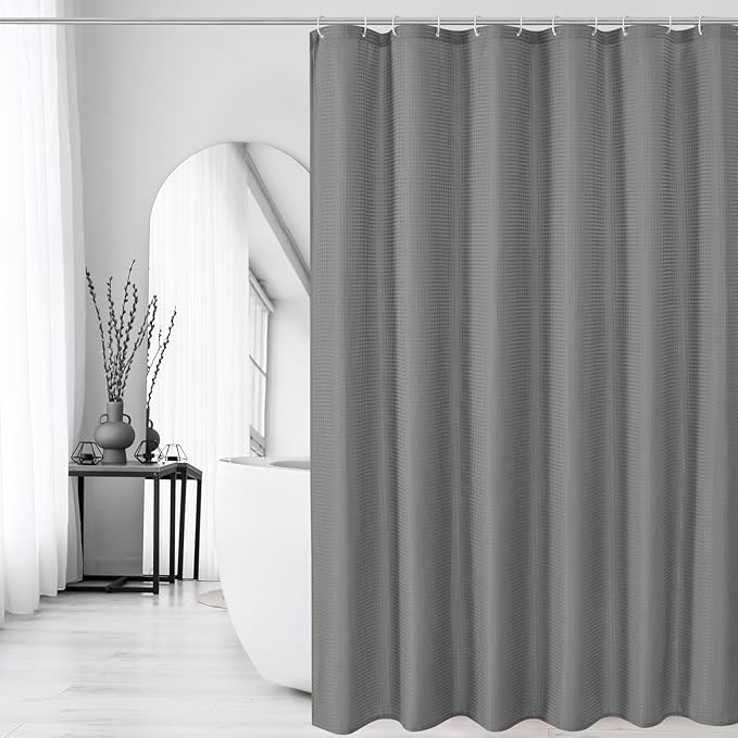 Gibelle Long Shower Curtain 72 x 78, Tall Waffle Weave Textured Fabric Shower Curtain for Bathroom, Water Repellent, Machine Washable, Grey