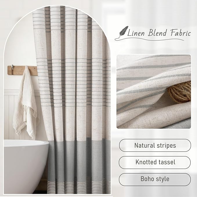 XOGUIBO Grey Shower Curtain Farmhouse Linen Striped Shower Curtains for Bathroom with Tassel 72 X 84